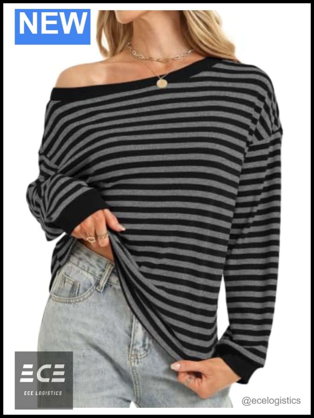 Womens Off Shoulder Striped Long Sleeve Oversized T Shirt Pullover
